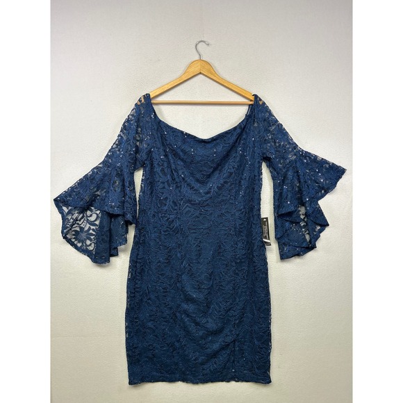 VENUS Dresses & Skirts - Cocktail Party Venus Womens 20 Blue Lace Sequin Bell Sleeve Off Shoulder Dress